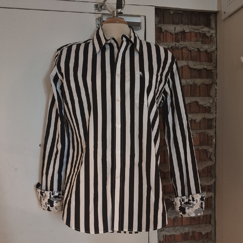 Nick Graham Men's Casual Button Down Shirt Black and White Striped Size L Large